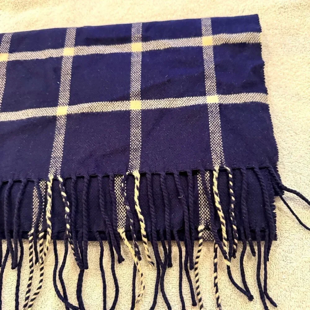 Vtg Men’s Blue Plaid Cashmere Feel Scarf Fringe 13